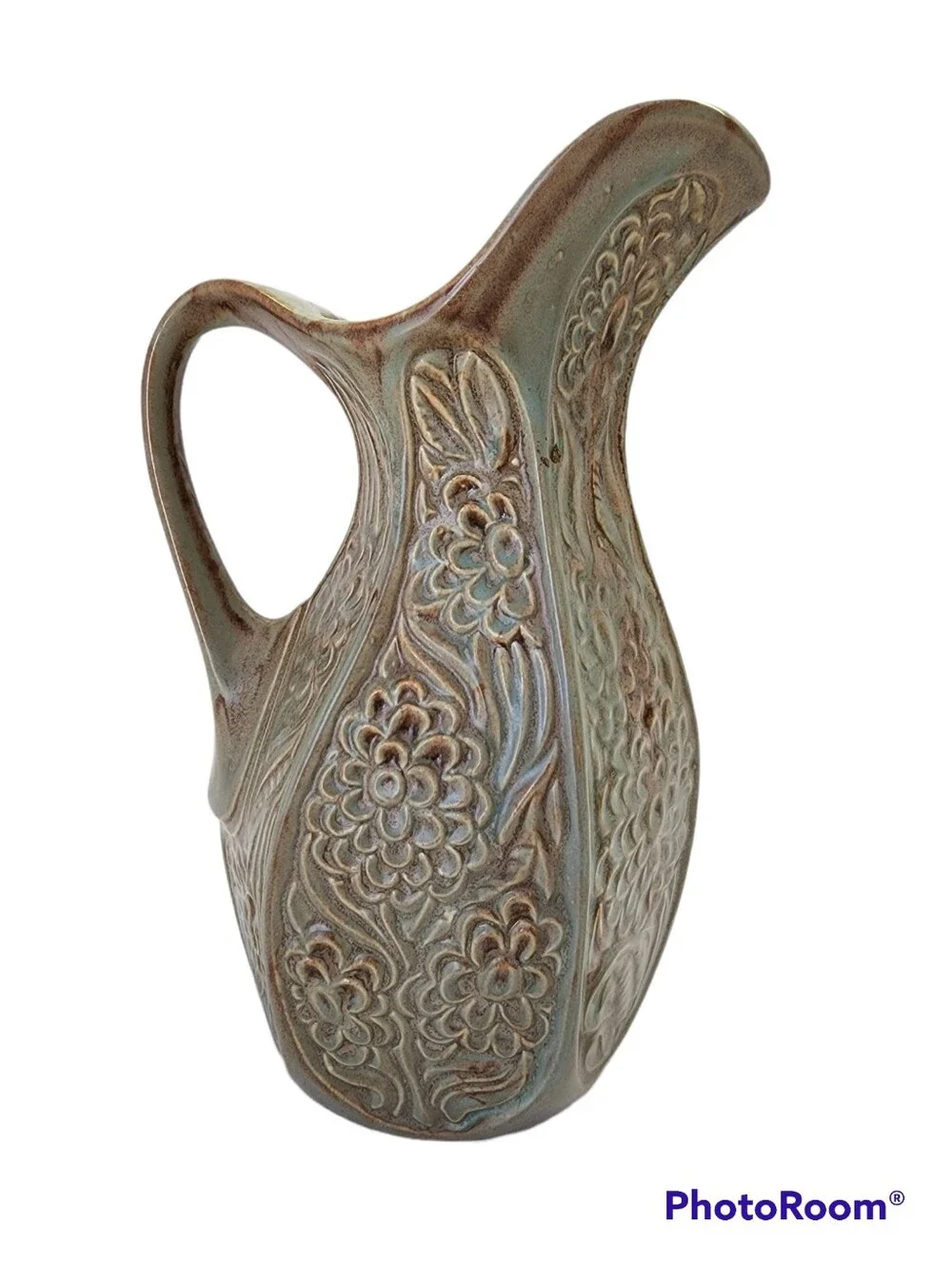 Vintage McCoy 1970s Floral Ceramic Art Pottery Pitcher Vase in Sage Green #618